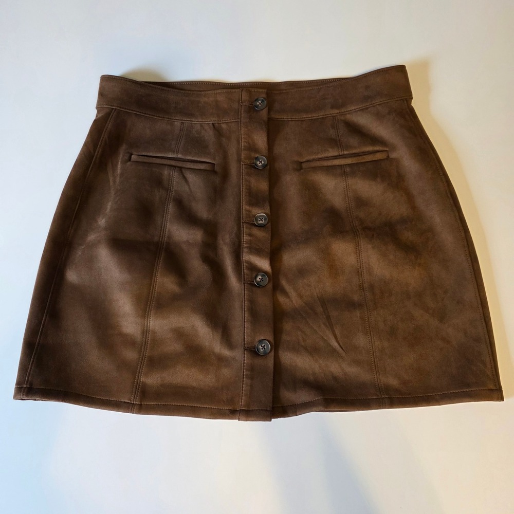 Brown Faux Suede Button Front Mini Skirt A-Line Vegan Leather Boho Retro EUC 18